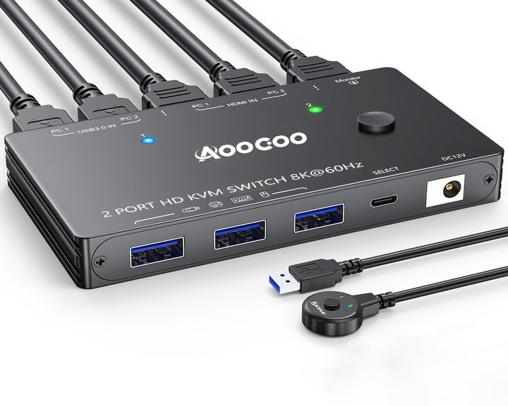Commutateur KVM 2 ordinateurs 1 moniteur 8K à 60 Hz/4K à 120 Hz Commutateurs KVM HDMI Télécommande filaire, alimentation et câble USB 3.0 inclus