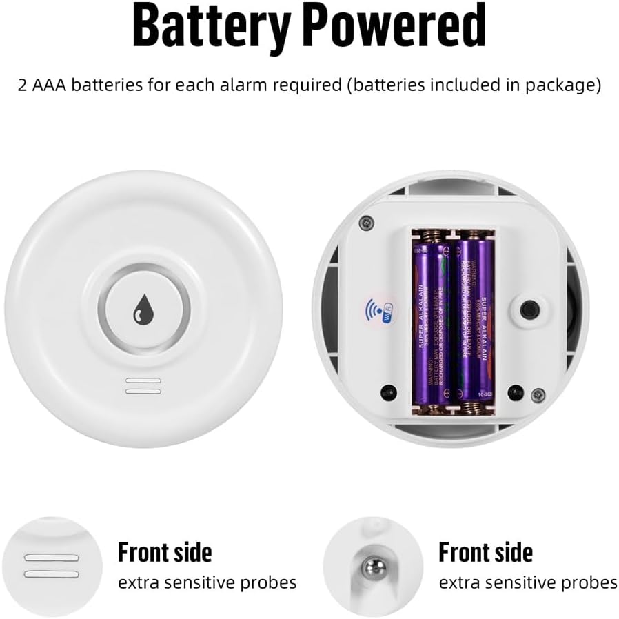Detecteur de Fuite d'eau WiFi 2.4G Détecteur d'eau Incluses Piles 3 pièces Capteur d'eau Compact pour Détecter Une Inondation avec Une Alarme de 100 DB