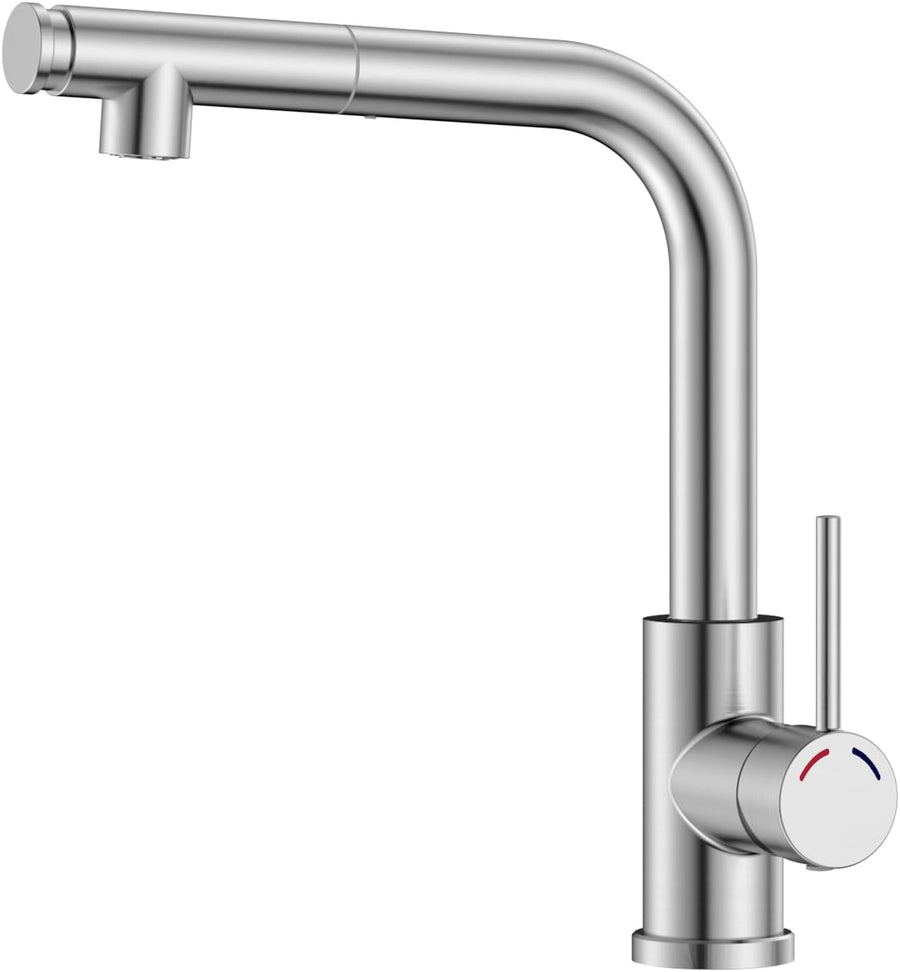 Mitigeur Robinet Cuisine - Robinetterie Evier Escamotable avec Douchette,Pivotant à 360,Deux Types de Jet d'eau,Acier Inoxydable,Forme en L Monolevier pour 1 Trou,Hauteur 27,3 cm NICKEL