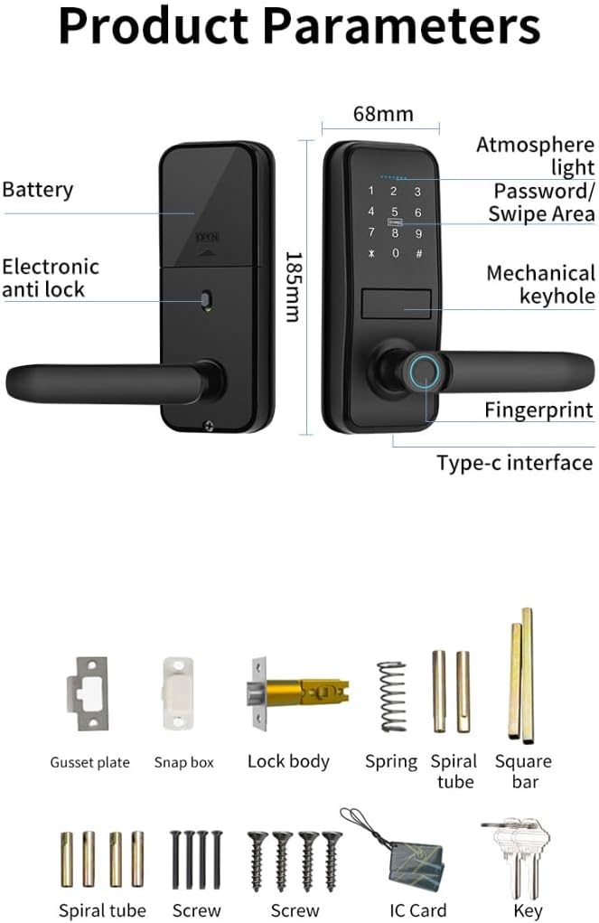 Smart Lock, Serrure de Porte d'Entrée Sans Clé Avec Poignée Noire Mate Sleek Mat, Clavier Électronique Deadbolt, Empreinte Digitale et Clavier Tactile, Verrouillage de Porte