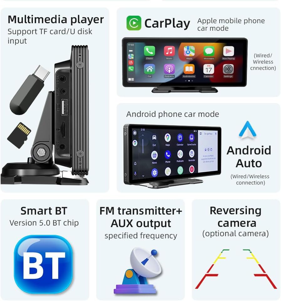 Écran Portable de Voiture 10,3'' HD IPS avec Android Auto et Apple CarPlay sans Fil, Émetteur FM Bluetooth, Compatible 7V-32V pour Camions et Fourgonnettes
