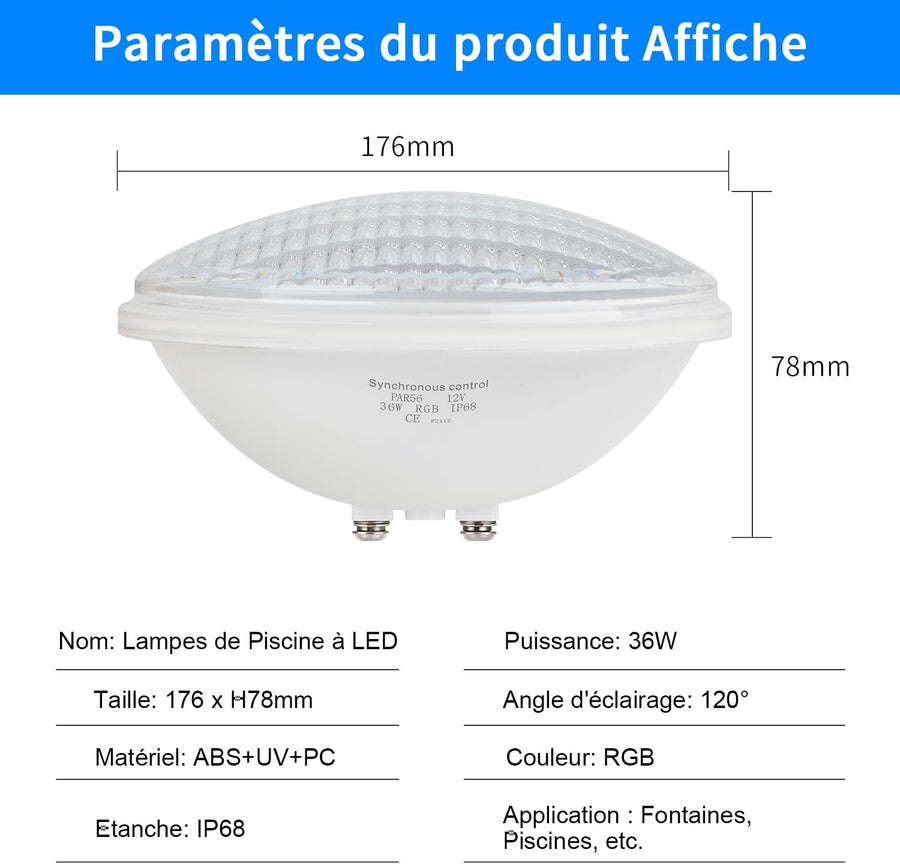 Eclairage LED Piscine PAR56, 36W Projecteur Piscine RGBW Multicolore Synchroniseur Externe avec Télécommande IP68, AC 12V