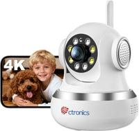 Ctronics 4K Caméra Intérieure, 5G/2,4Hz Wi-FI, Suivi Automatique, Vision Nocturne Couleur, Alarme Sonore et Lumineuse, 8 Positions Préconfigurées, App & PC, Cloud/256GB TF/FTP