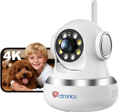 Ctronics 4K Caméra Intérieure, 5G/2,4Hz Wi-FI, Suivi Automatique, Vision Nocturne Couleur, Alarme Sonore et Lumineuse, 8 Positions Préconfigurées, App & PC, Cloud/256GB TF/FTP