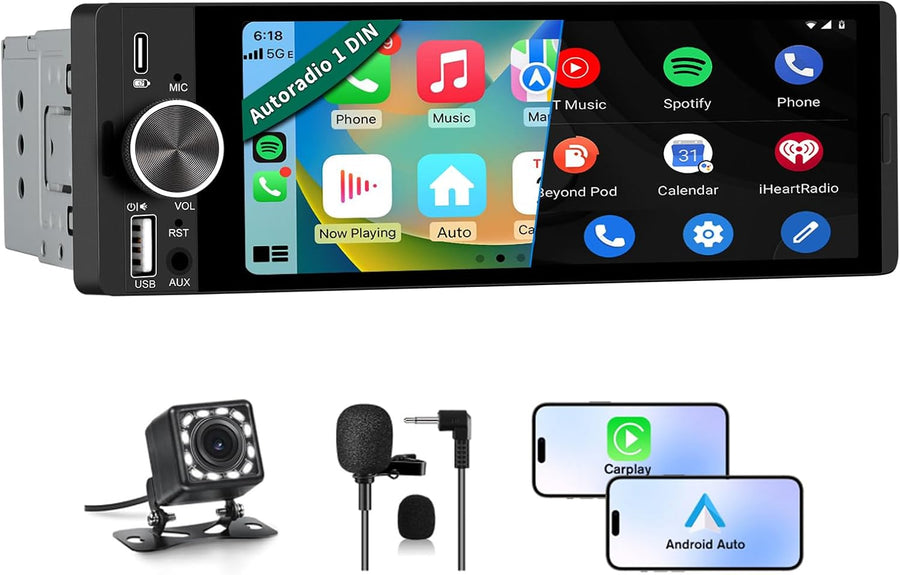 Autoradio 1 DIN avec Écran Tactile HD 6,36" | CarPlay & Android Auto sans Fil | Bluetooth 5.0 | FM | USB Type-C | Commande Vocale | Compatible Caméra de Recul