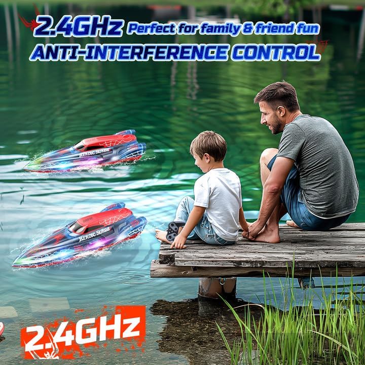 Bateau Télécommandé, RC Bateau Telecommandé Enfant 2,4 GHz avec Lumières LED, Alarme de Batterie Faible, Piscines et Lacs Jouet Aquatique d'été