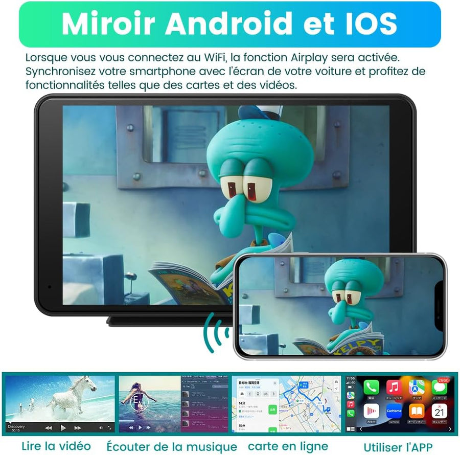 Autoradio 7" Écran Tactile HD avec CarPlay sans Fil, Android Auto, AirPlay, PhoneLink – Compatible iOS et Android