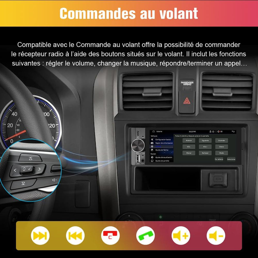 Autoradio 1 DIN avec Écran Tactile HD 6,36" | CarPlay & Android Auto sans Fil | Bluetooth 5.0 | FM | USB Type-C | Commande Vocale | Compatible Caméra de Recul