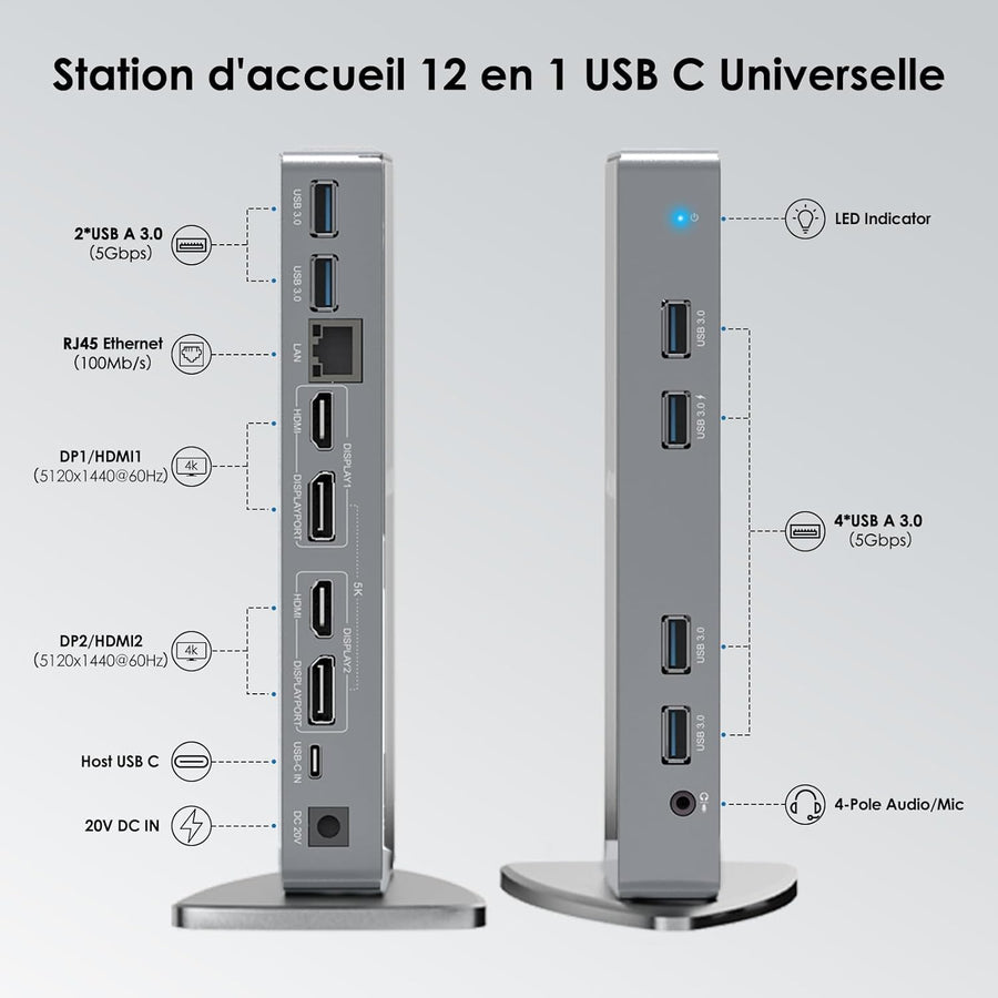 Station d'accueil Displaylink, Station d'accueil Universelle USB C avec 2 × HDMI & DP, Ethernet Gigabit, 6 × USB 3.0, Audio, Microphone, Compatible avec Mac OS et Windows