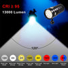 Lampe de poche sous-marine étanche IP68, lumière vidéo de plongée, large faisceau de 120 degrés avec lumière blanche, bleue et rouge, 13 000 lumens puissante lampe de plongée rechargeable