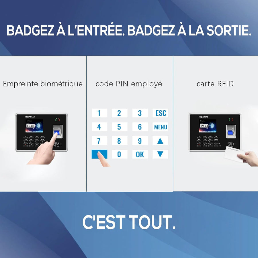 Pointeuse Horaire Personnel Francais Empreinte Digitale Badgeuse Badge Carte Employés Petites Entreprises jusquà 1000 utilisateurs sans WiFi 0 Frais Mensuels Scan