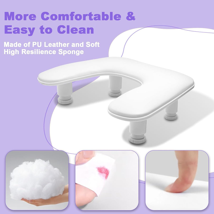 Repose Main Ongle Manucure: Hauteur Réglable Coussin Manucure - Forme du U Repose Main en PU Cuir - Ideal pour Prothésiste Ongulaire Amateur de Nail Art - Blanc