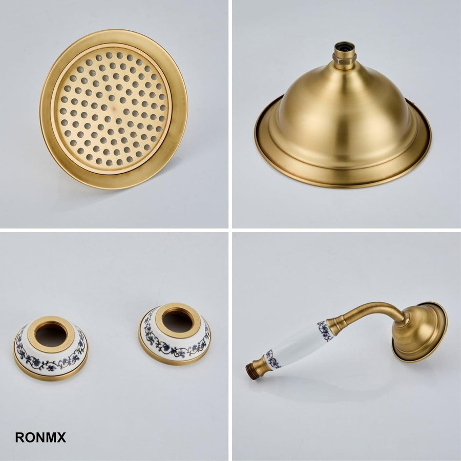 Colonne de Douche Rétro, 3 Fonction Ensemble de Douche, 8in/20cm Rond Système de Douche Antique, Porcelaine Bleue et Blanche, Robinet de Baignoire de Rotation à 90°, Réglable en Hauteur
