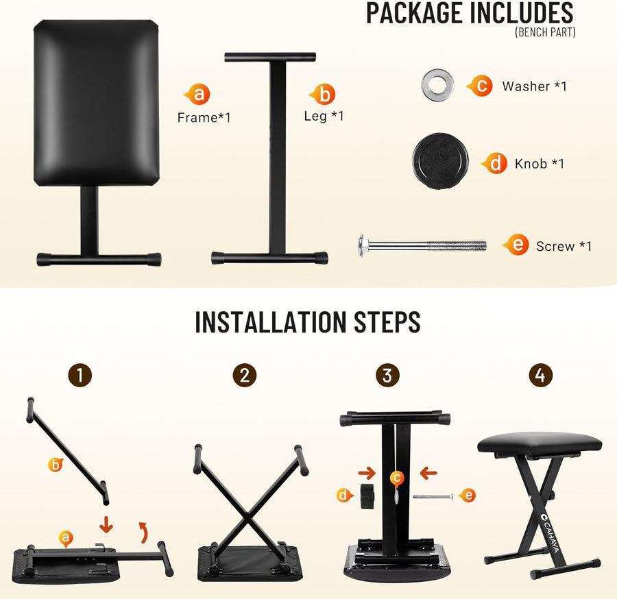 Support de clavier et banc de clavier - 6 niveaux réglables en hauteur - Double X-Frame - Pour clavier de 61, 76 et 88 touches - Charge maximale : 168 kg