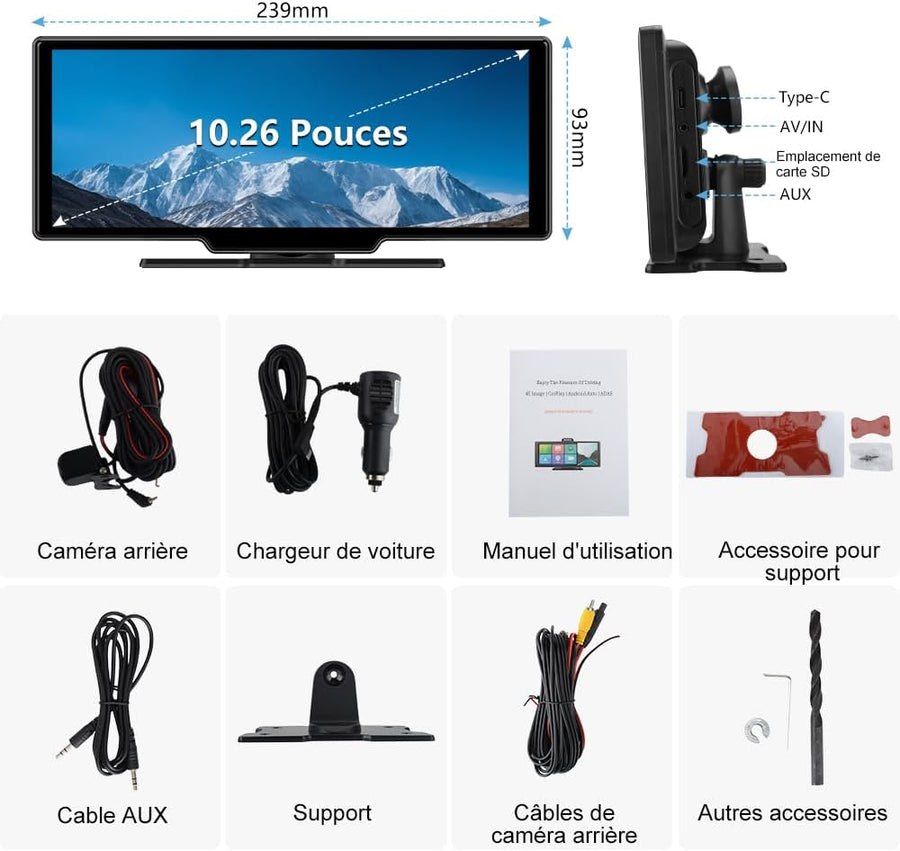 Carplay Voiture & Android Auto,10,26” Écran Carplay avec Dashcam Avant 4K, Caméra Arrière 1080P Inclus, Commande Vocale, BT/GPS/FM/AUX