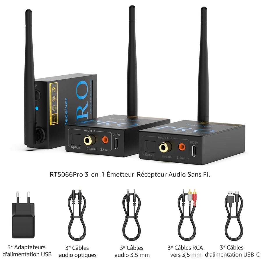 Émetteur Récepteur Audio Sans Fil 3-en-1, Transmission 2,4 GHz, Faible Latence, HiFi Musique depuis TV/PC vers Subwoofer/Haut-Parleur Actif/Amplificateur, Connexions Optique/Coaxiale/3,5 mm/RCA