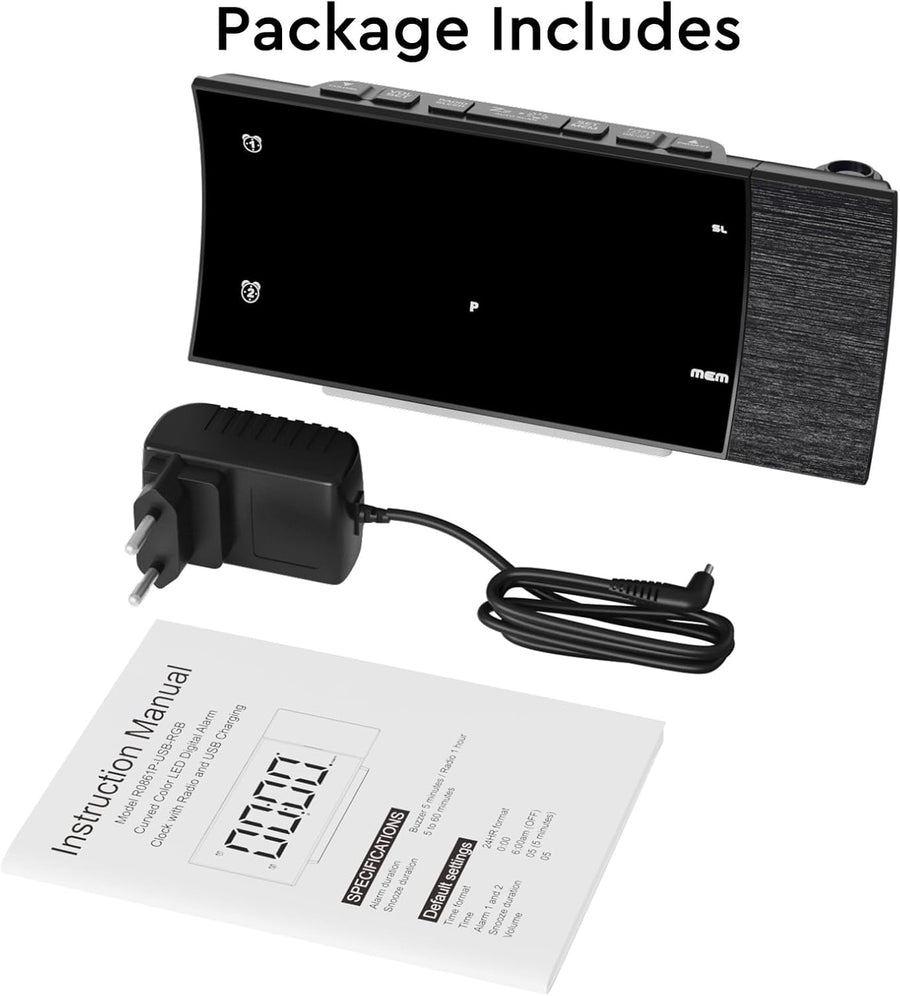 Radio Reveil Projecteur Plafond 180° FM Numérique, Grand Écran LED, Chargeur USB, Double Alarme, 12/24H, Snooze, Horloge Projection Plafond