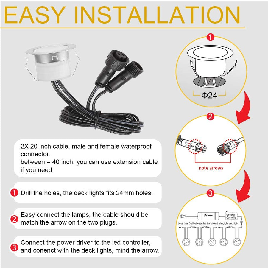 Lot de X6 Spots Lampes de terrasse LED D31 Etanche IP67 Kit Bluetooth Ø31mm 12V 0.6W