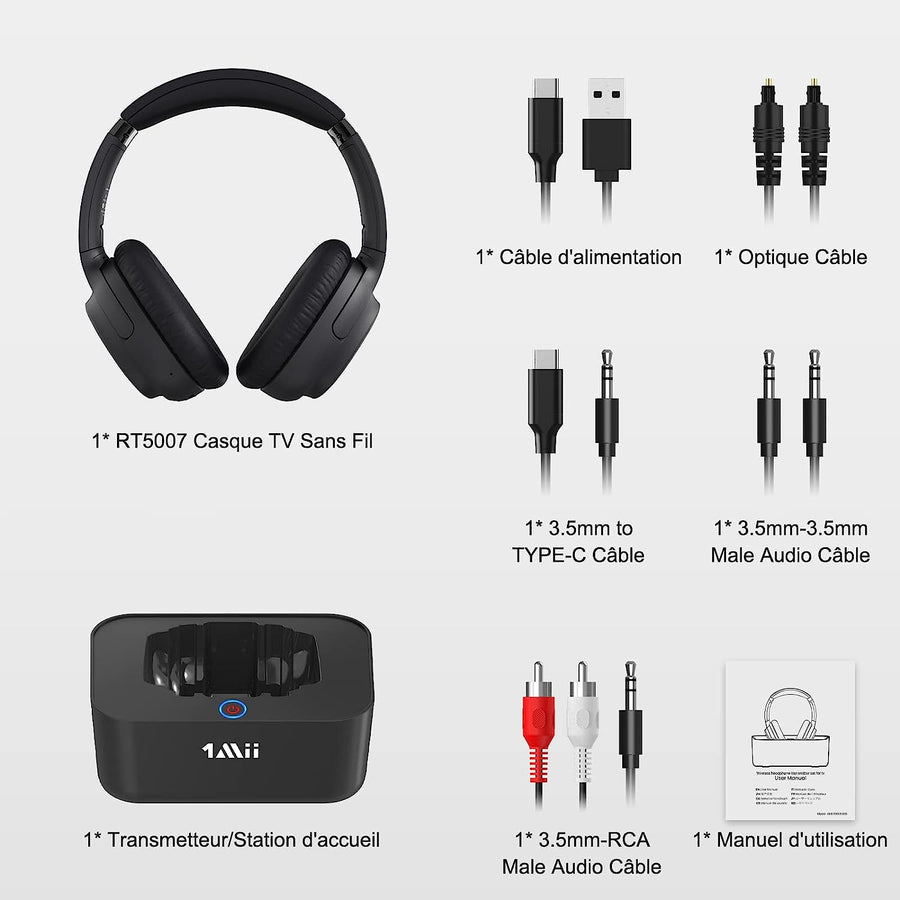 Casque Bluetooth Sans Fil TV Transmetteur Socle Chargement Autonomie 50H Longue Portée NOIR