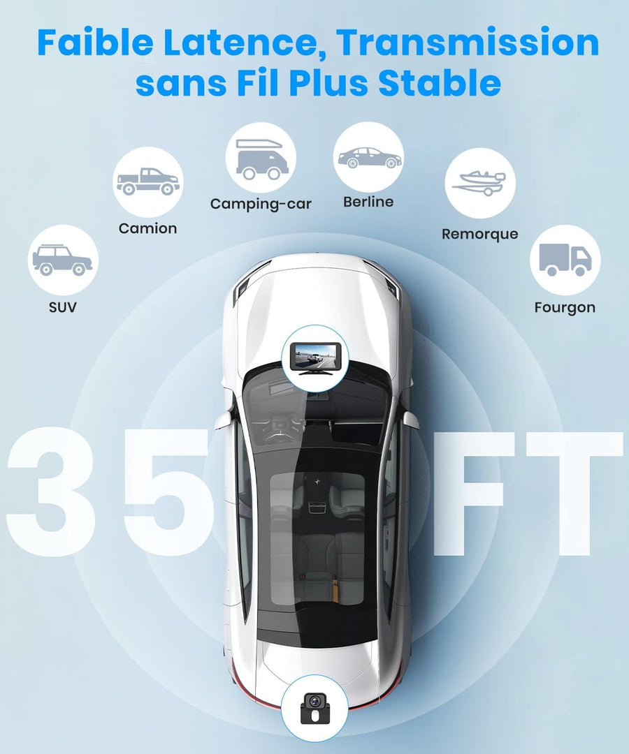Caméra de Recul sans Fil : Écran 5" 1080P, Double Canal, Installation Rapide, Signal Numérique Stable, IP69K Étanche & Vision Nocturne, pour Voiture, SUV, Camping-Car, Remorque