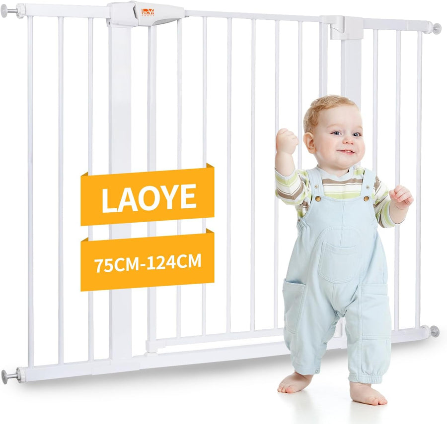 Barriere de Securite Enfant, sans perçage, Extra Haute, 92 cm de Hauteur, 75 à 124 cm de Large, avec 3 rallonges, pour Enfants, Chiens et Chats, Fermeture Automatique et arrêt à 90° BLANC