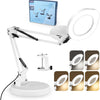Lampe Loupe 15X, 2-in-1 Lampe de Bureau Loupe Eclairante avec Base et Pince, 5 Modes de Couleur, Gradation en continu, Lampe Loupe LED avec Rotation à 360° Bras Pivotant
