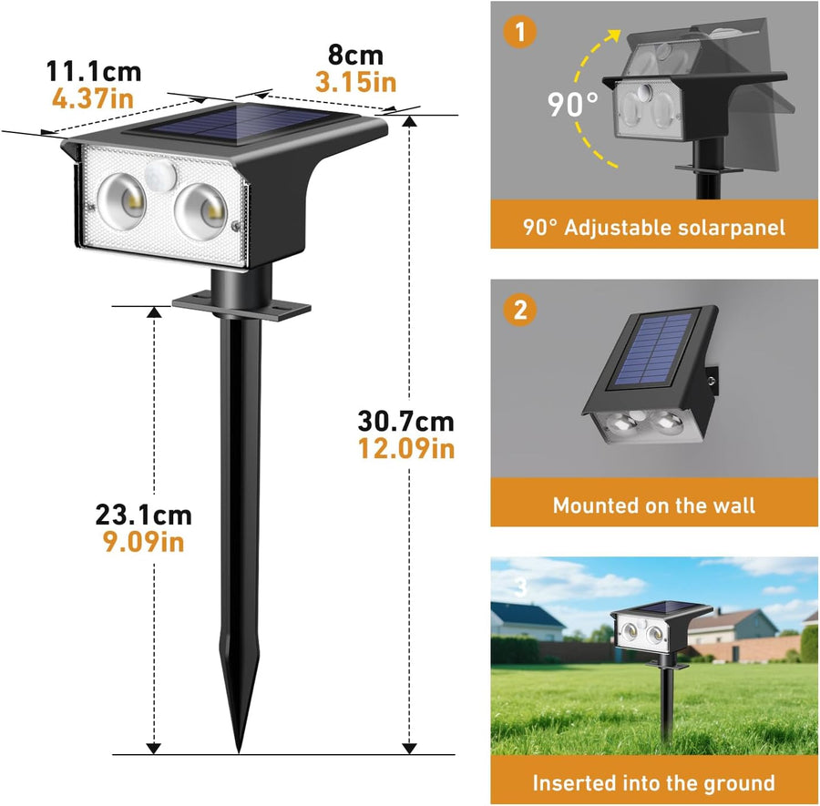 Lot de x2 Lampe Solaire Exterieur Detecteur de Mouvement, 6500K Lumiere Extérieur Puissant, 3 Modes Spot Solaire IP65 Étanche Eclairage, Projecteur Solaire pour Jardin Chemins Blanc Froid