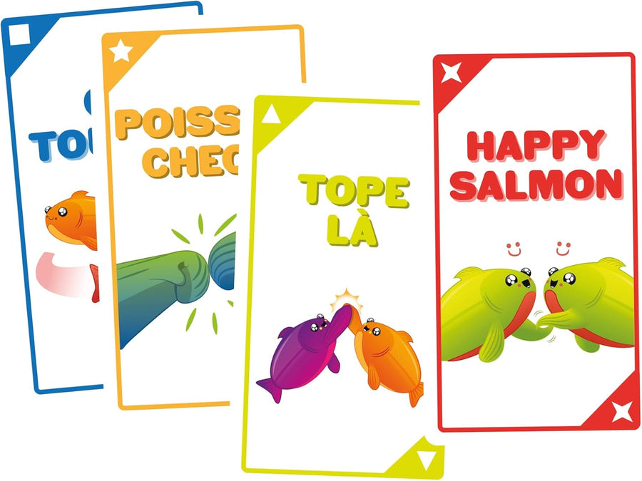 Asmodee - HAPPY SALMON - Jeu de Société d'Ambiance pour Adultes & Enfants dès 6 Ans - Jeu de Cartes Rapide & Drôle avec Gestes & Bruits - 3 à 8 Joueurs