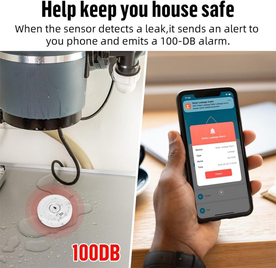Detecteur de Fuite d'eau WiFi 2.4G Détecteur d'eau Incluses Piles 3 pièces Capteur d'eau Compact pour Détecter Une Inondation avec Une Alarme de 100 DB