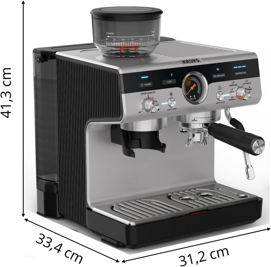 KRUPS Precision, Machine espresso manuelle avec broyeur, Barista, Espresso parfait, Interface intuitive avec accès direct aux réglages, XP801T10, Aluminum