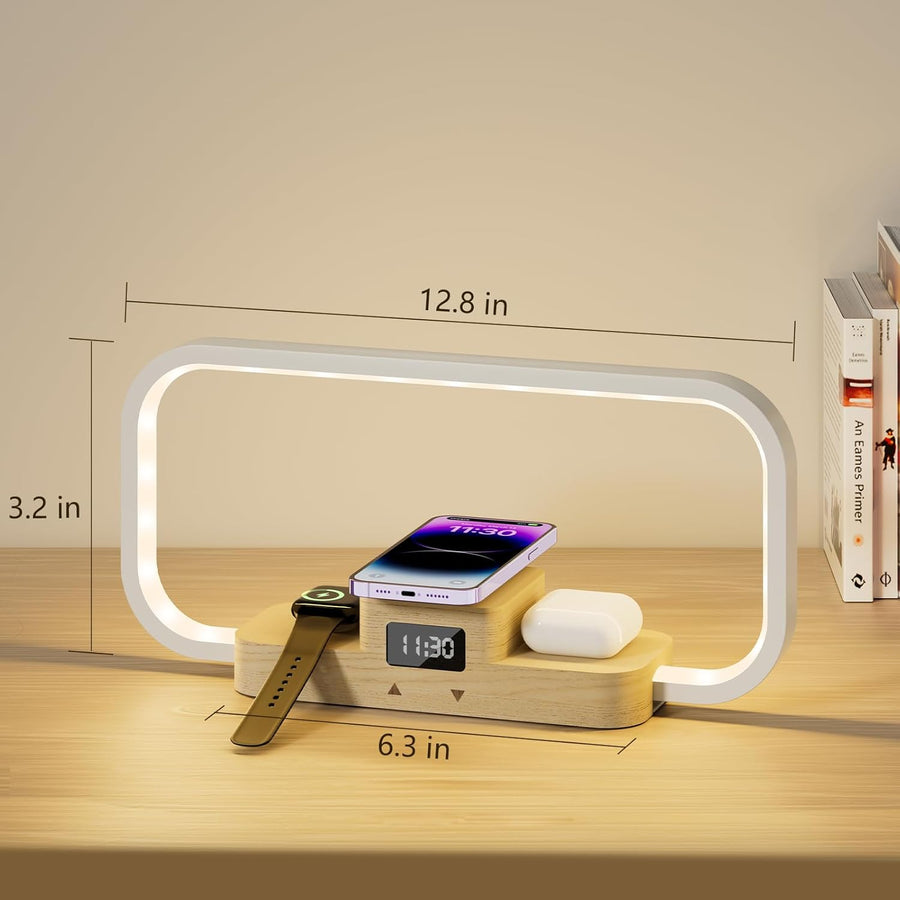 Lampe de Chevet avec Chargeur sans Fil & Port USB, Lampe Table Dimmable 5 Couleurs à Commande Tactile, Station de Charge pour AirPods, Montre & Smartphone