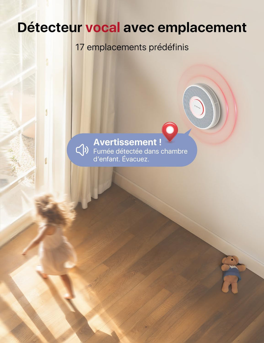 Détecteur de Fumée Connecté avec Alertes Vocales Français et 17 Zones, Alarme Incendie Wi-FI Interconnectée avec Station de Base SBS50, XS0B-MR61