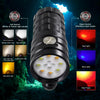 Lampe de poche sous-marine étanche IP68, lumière vidéo de plongée, large faisceau de 120 degrés avec lumière blanche, bleue et rouge, 13 000 lumens puissante lampe de plongée rechargeable