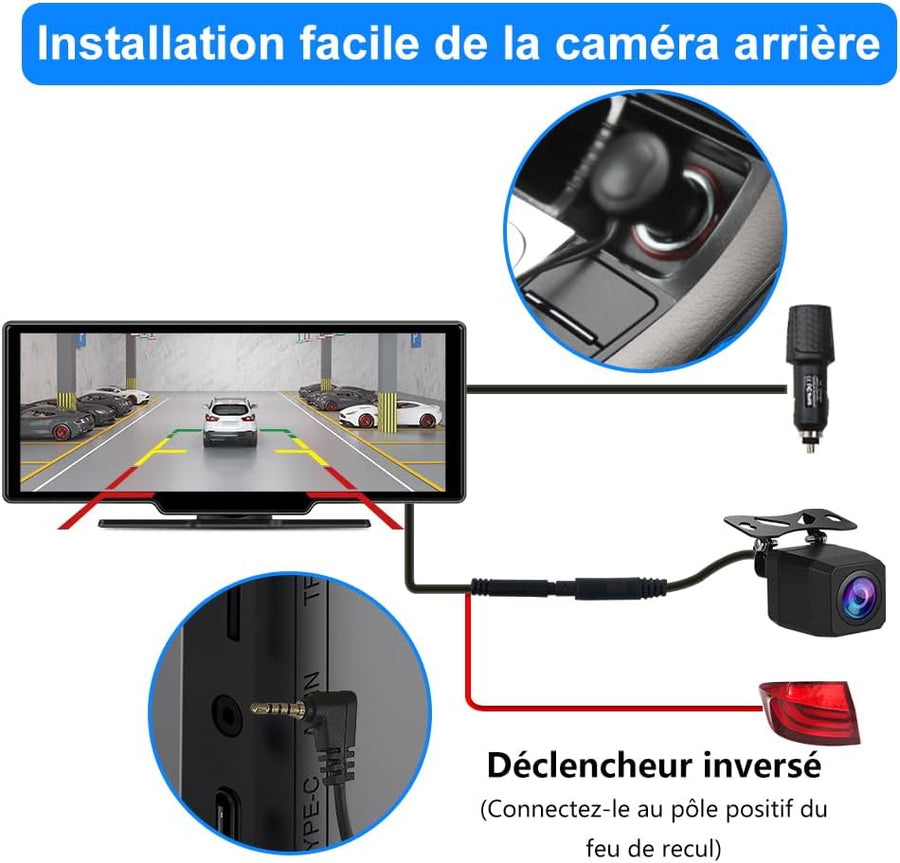 Carplay Voiture & Android Auto,10,26” Écran Carplay avec Dashcam Avant 4K, Caméra Arrière 1080P Inclus, Commande Vocale, BT/GPS/FM/AUX