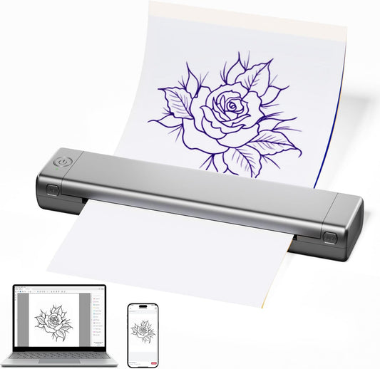 Imprimante Thermique Portable Papier Transfert Tatouage Sans Encre 300 DPI Bluetooth Sans Fil Compatible Android et iOS ARGENT