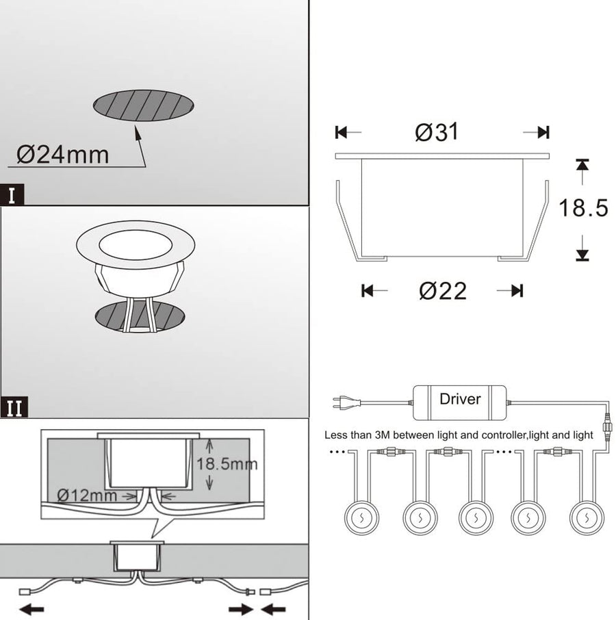 Lot de X6 Spots Lampes de terrasse LED D31 Etanche IP67 Kit Bluetooth Ø31mm 12V 0.6W