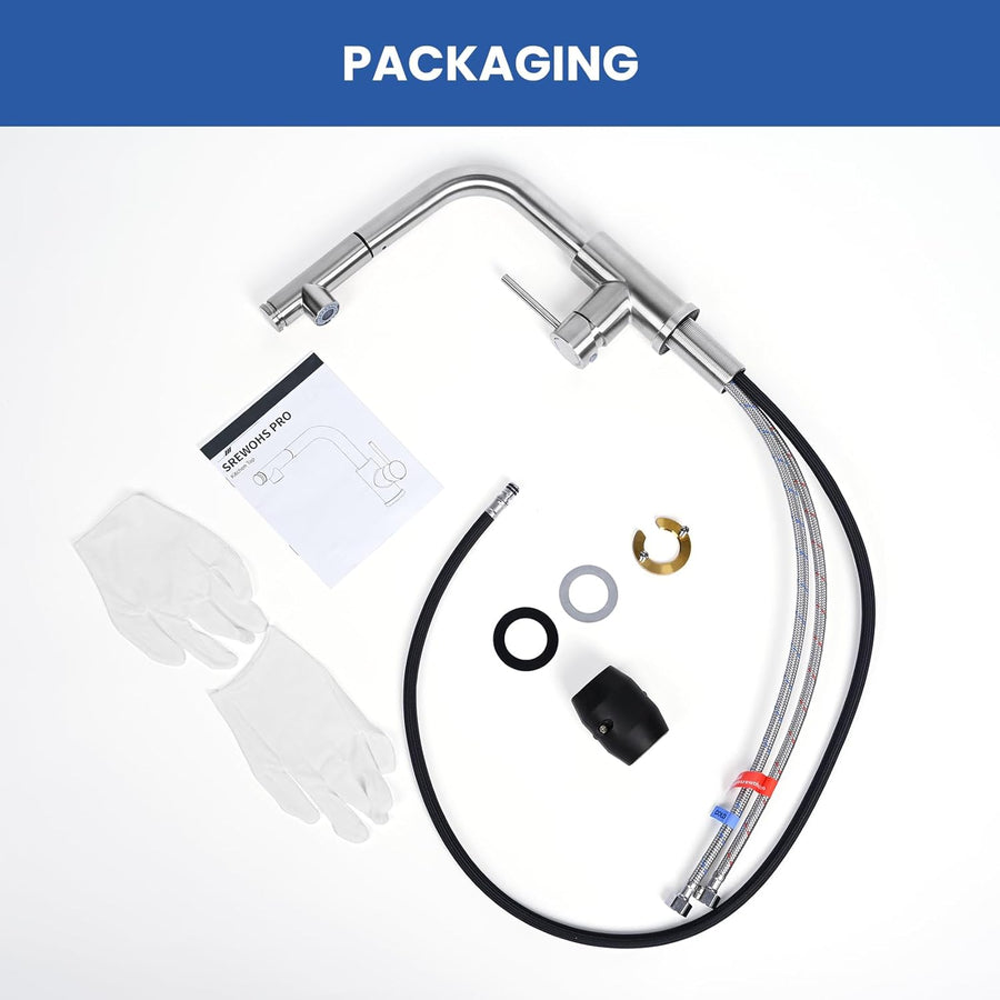 Mitigeur Robinet Cuisine - Robinetterie Evier Escamotable avec Douchette,Pivotant à 360,Deux Types de Jet d'eau,Acier Inoxydable,Forme en L Monolevier pour 1 Trou,Hauteur 27,3 cm NICKEL