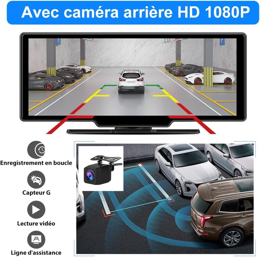 Carplay Voiture & Android Auto,10,26” Écran Carplay avec Dashcam Avant 4K, Caméra Arrière 1080P Inclus, Commande Vocale, BT/GPS/FM/AUX