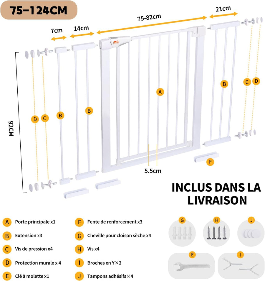 Barriere de Securite Enfant, sans perçage, Extra Haute, 92 cm de Hauteur, 75 à 124 cm de Large, avec 3 rallonges, pour Enfants, Chiens et Chats, Fermeture Automatique et arrêt à 90° BLANC