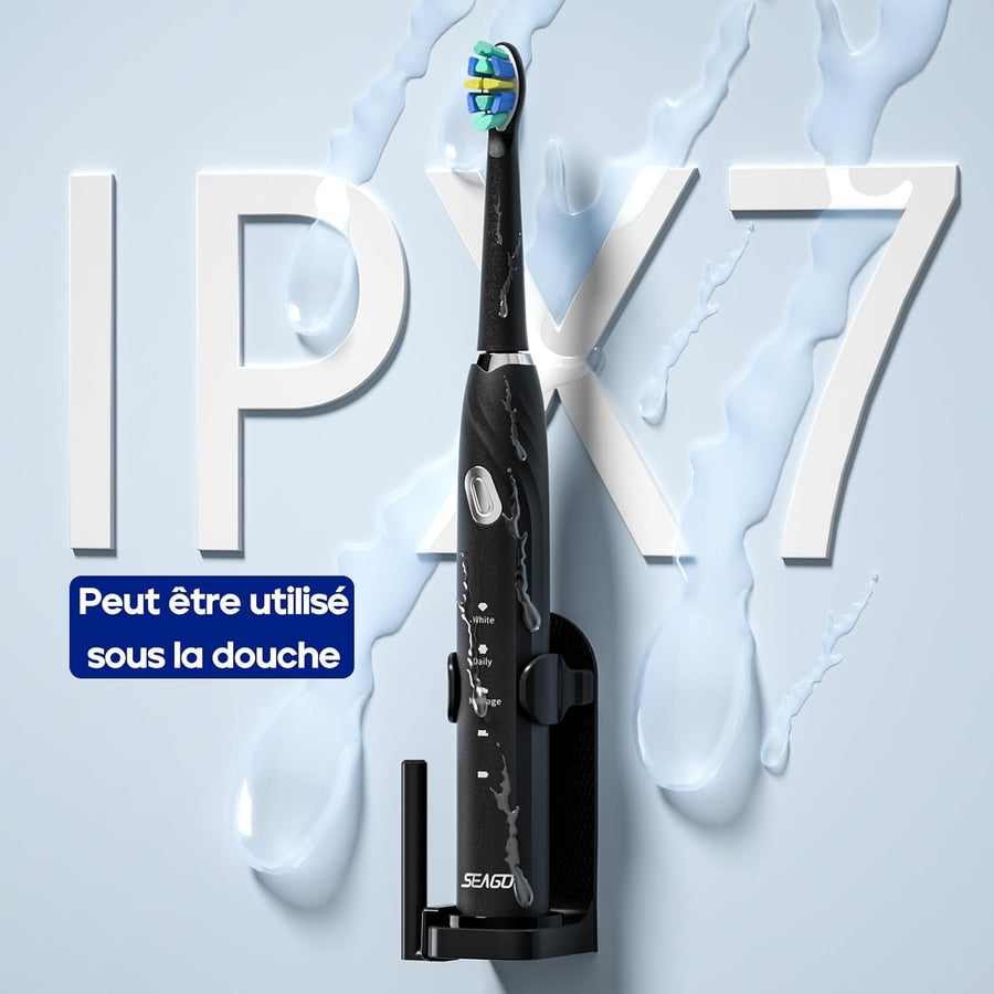 Brosse À Dents Électrique Rechargeable Avec 3 Modes de Brossage 10 Tête de Rechange NOIR