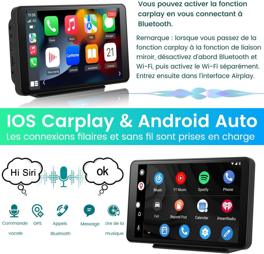 Autoradio 7" Écran Tactile HD avec CarPlay sans Fil, Android Auto, AirPlay, PhoneLink – Compatible iOS et Android