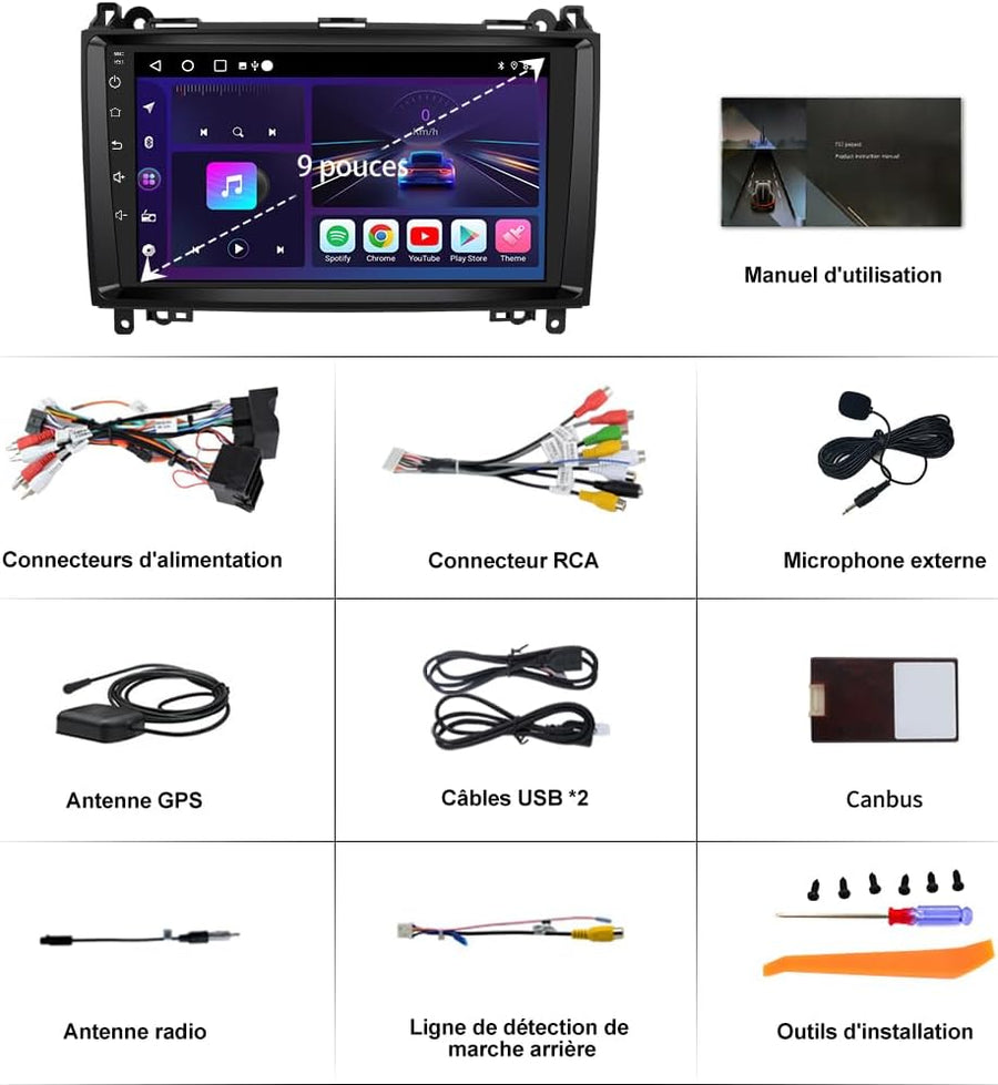 Autoradio 6Go+128Go Android 13 pour Mercedes-Benz Vito Viano Sprinter W639/Classe B W245 W169 avec 4G Carplay 9 Pouces Écran Tactile avec GPS Android Auto/WiFi/RDS/FM/SWC/Aide au Parking