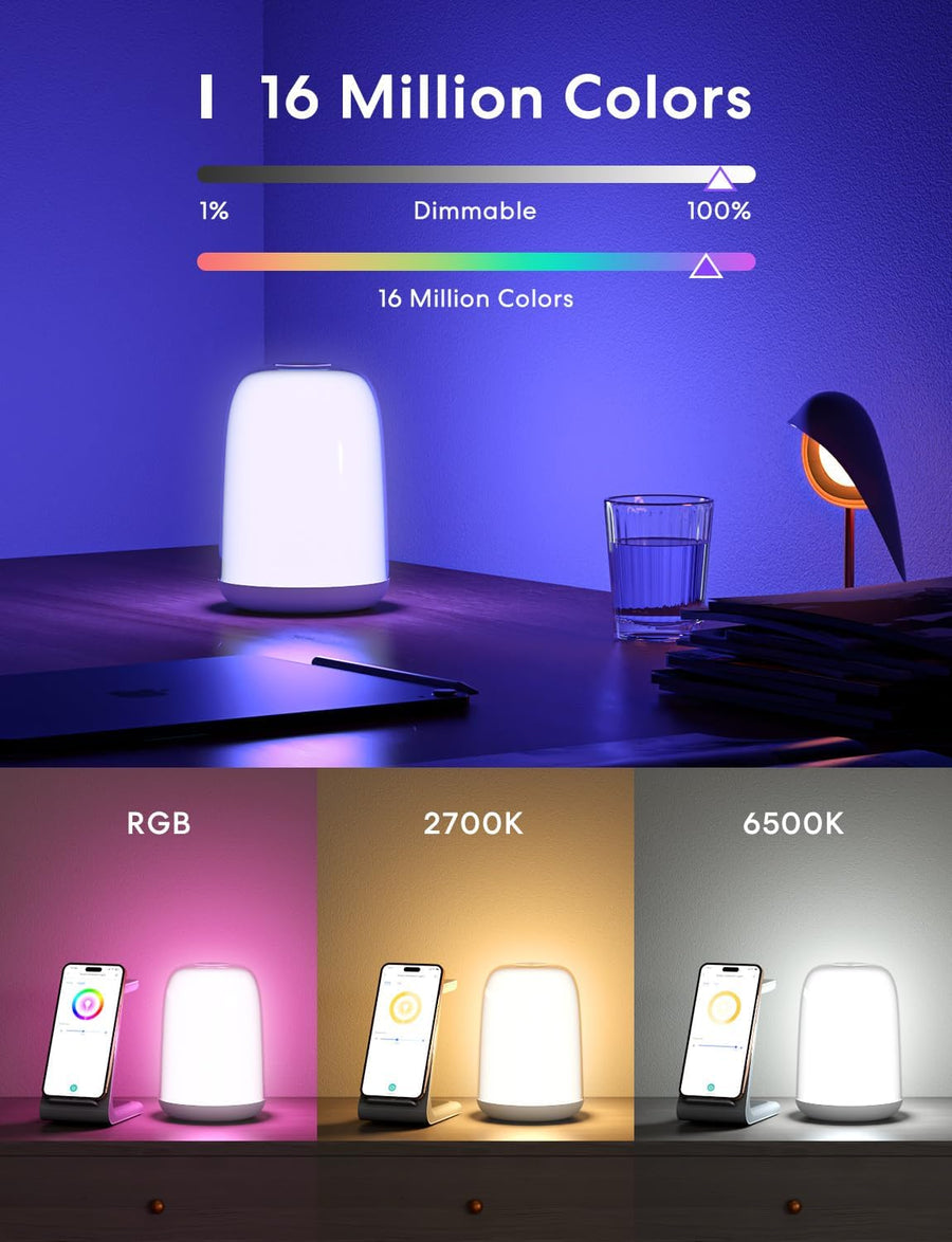 Lampe de Chevet Connectée, Veilleuse LED WiFi RGBWW Multicolore Dimmable avec Commande Vocale et Contrôle à Distance Compatible Assistant Vocaux