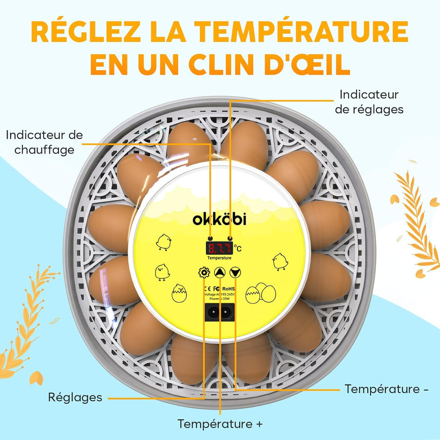 Couveuse Oeuf Automatique - Contrôle Humidité, Réglage Température, Couveuse Automatique 12/24 œufs - Incubateur Auto - Vue 360°, facile à utiliser et nettoyer