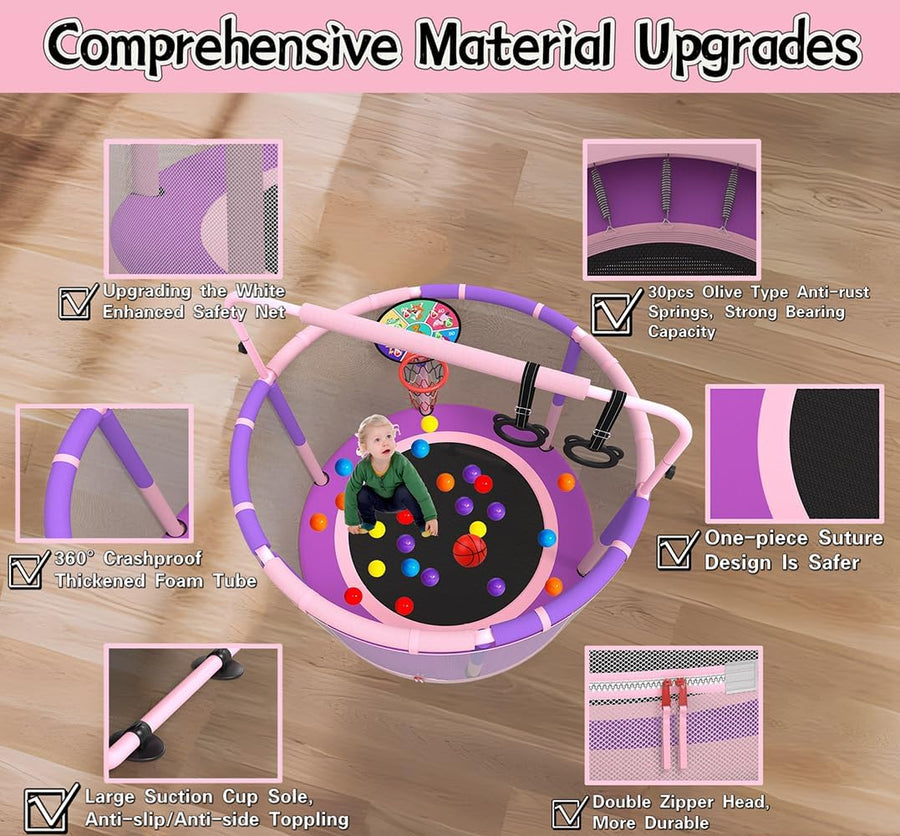 Trampoline pour enfant, pour l'extérieur, intérieur et extérieur, avec filet de sécurité, panier, barre, balançoire ROSE