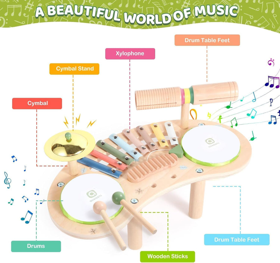 Ensemble de Batterie 7en1 pour Tout-Petits, Bois Instrument de Musique pour Bébés, Jouet Musical Montessori, Cadeau pour Filles et Garçons de 3 Ans Et Plus