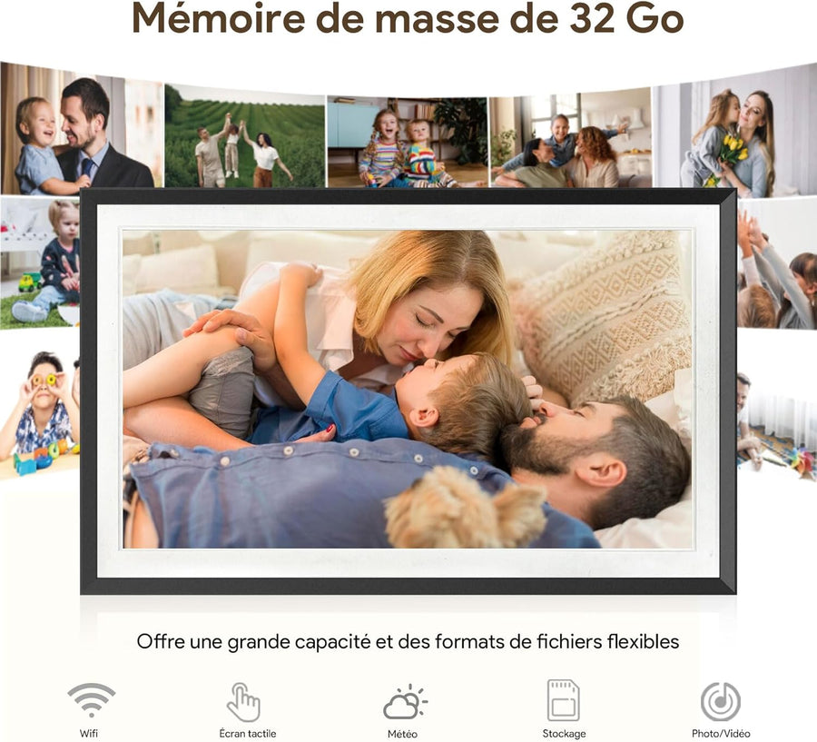 Cadre photo numérique WiFi de 15,6 pouces, cadre photo numérique intelligent, grande capacité de 32 Go, écran tactile HD IPS, rotation automatique, partagez des photos/vidéos instantanément