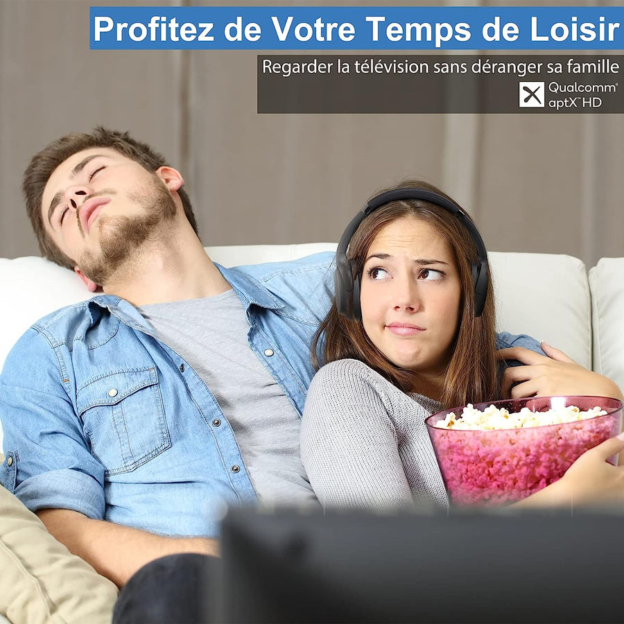 Casque Bluetooth Sans Fil TV Transmetteur Socle Chargement Autonomie 50H Longue Portée NOIR