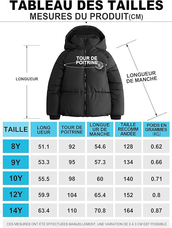 Doudoune Hiver pour Filles avec Doublure Polaire Manteau Imperméable Taille 164