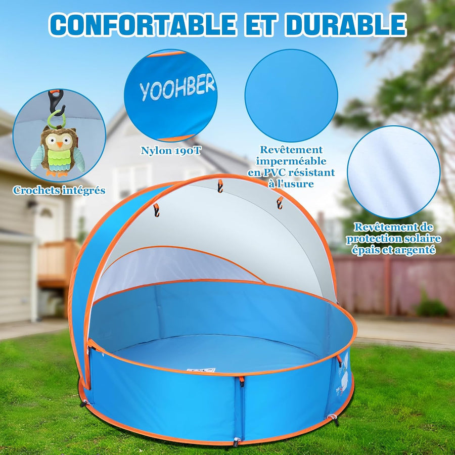 Piscine Bebe avec Pare Soleil 4 en 1, Tente Anti UV Bébé FPS 50+, Tente de Plage Bebe avec Moustiquaire, Pop-Up Piscine de Plage, Petite Piscine Bebe pour Pique-Nique, Jardin